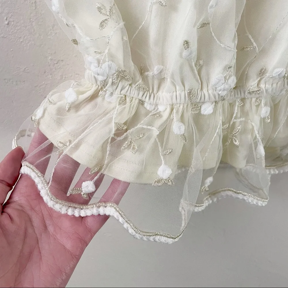 Floral Cream/White Tulle Lace Embroidered Peplum Floaty Puff-Sleeves Top